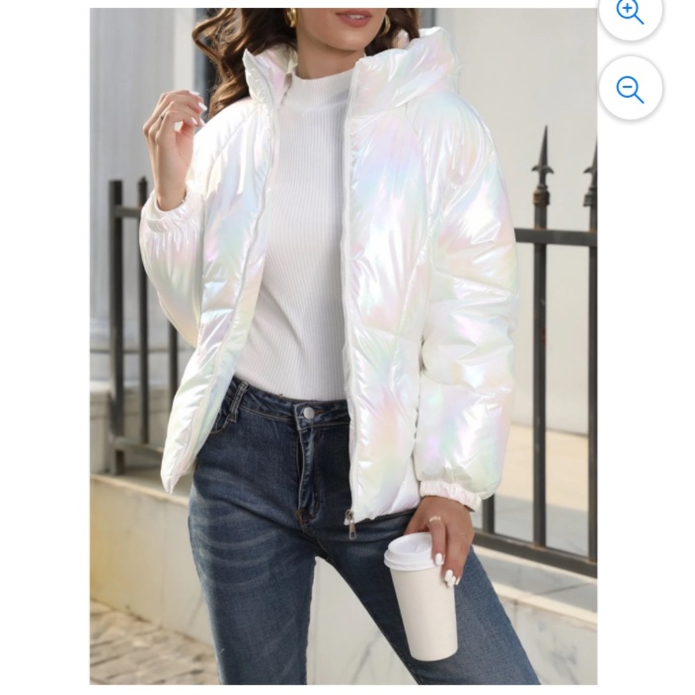 Iridescent white puffer bubble coat NWT